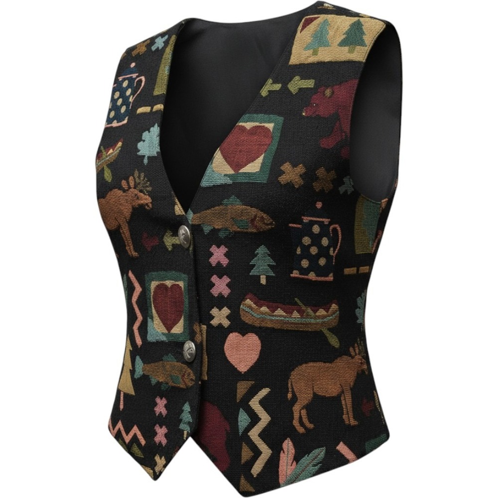 Deborah Murray Tapestry Vest XS Lodge Moose Bear Fish Made in Canada Cabin Core